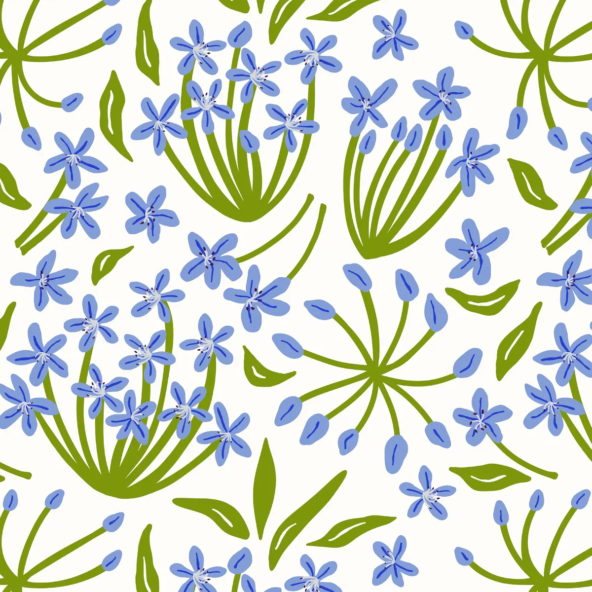 Whimsical agapanthus floral repeat pattern in soft lavender for children's clothing and fabric design