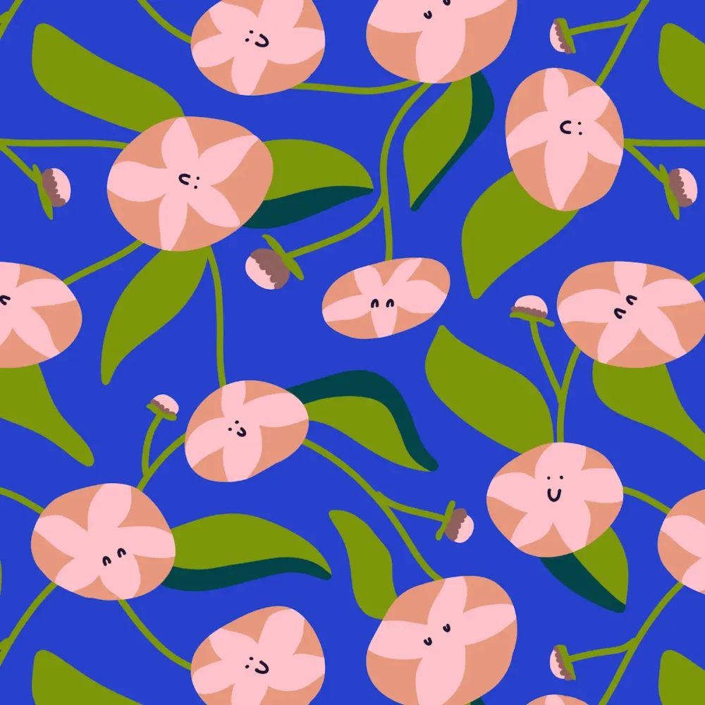 Colorful dahlia floral pattern with playful blooms designed for children's clothing and textiles