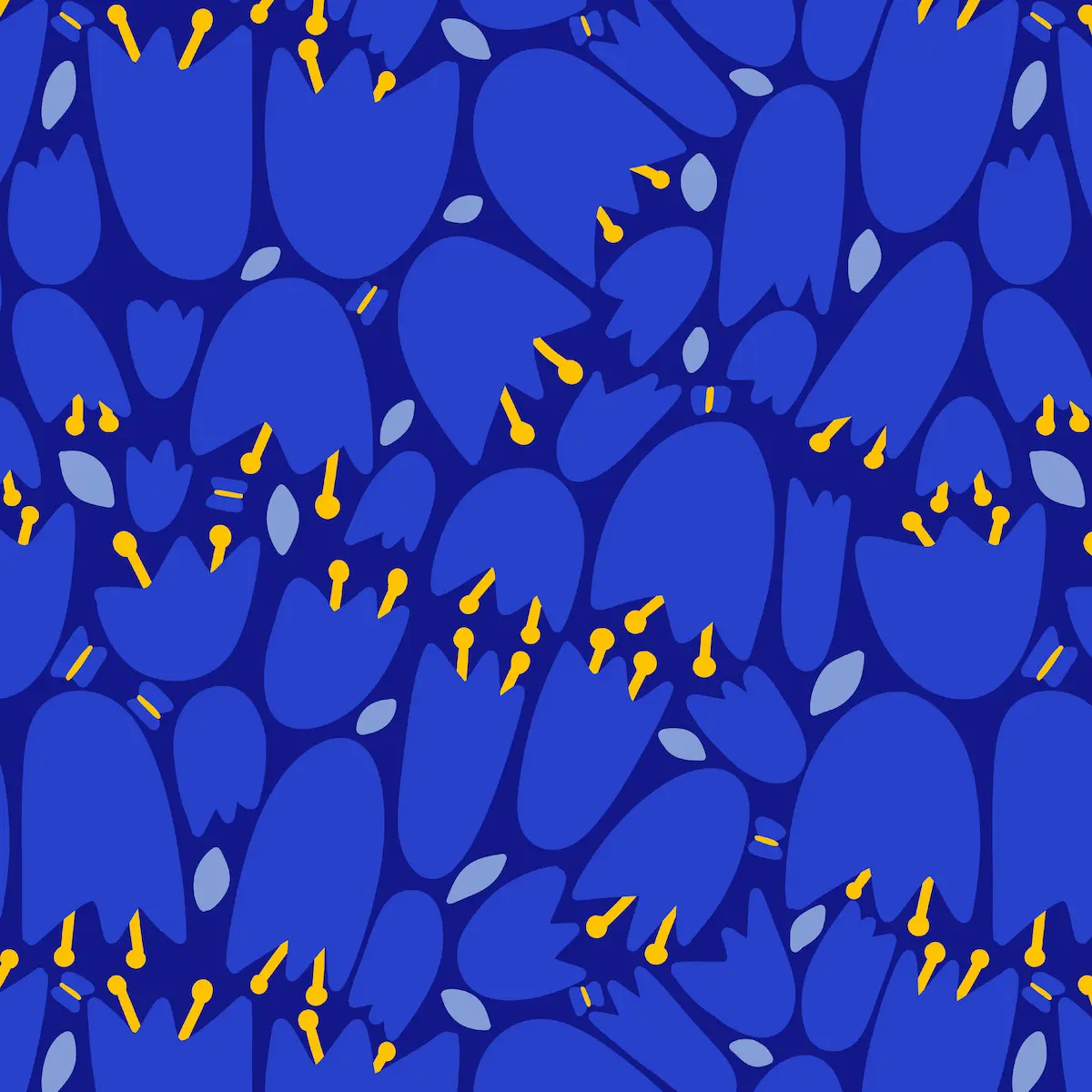 Cheerful English bluebell seamless pattern in bright blue for children's spring apparel and fabric