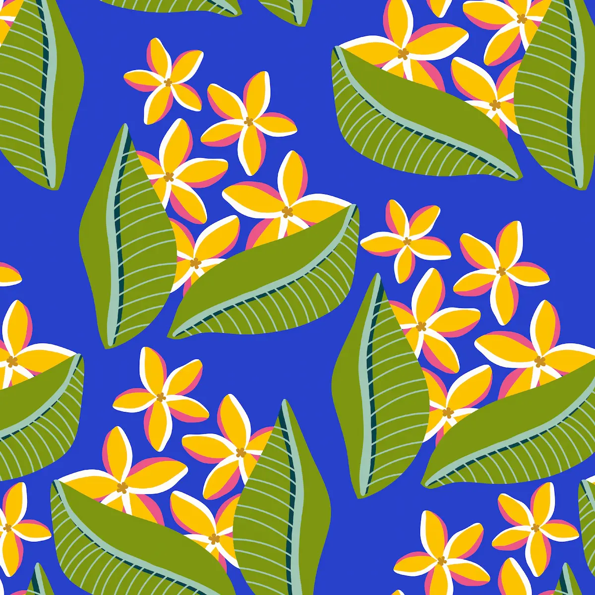 Tropical frangipani flower pattern in white and pink for children's summer clothing and fabric