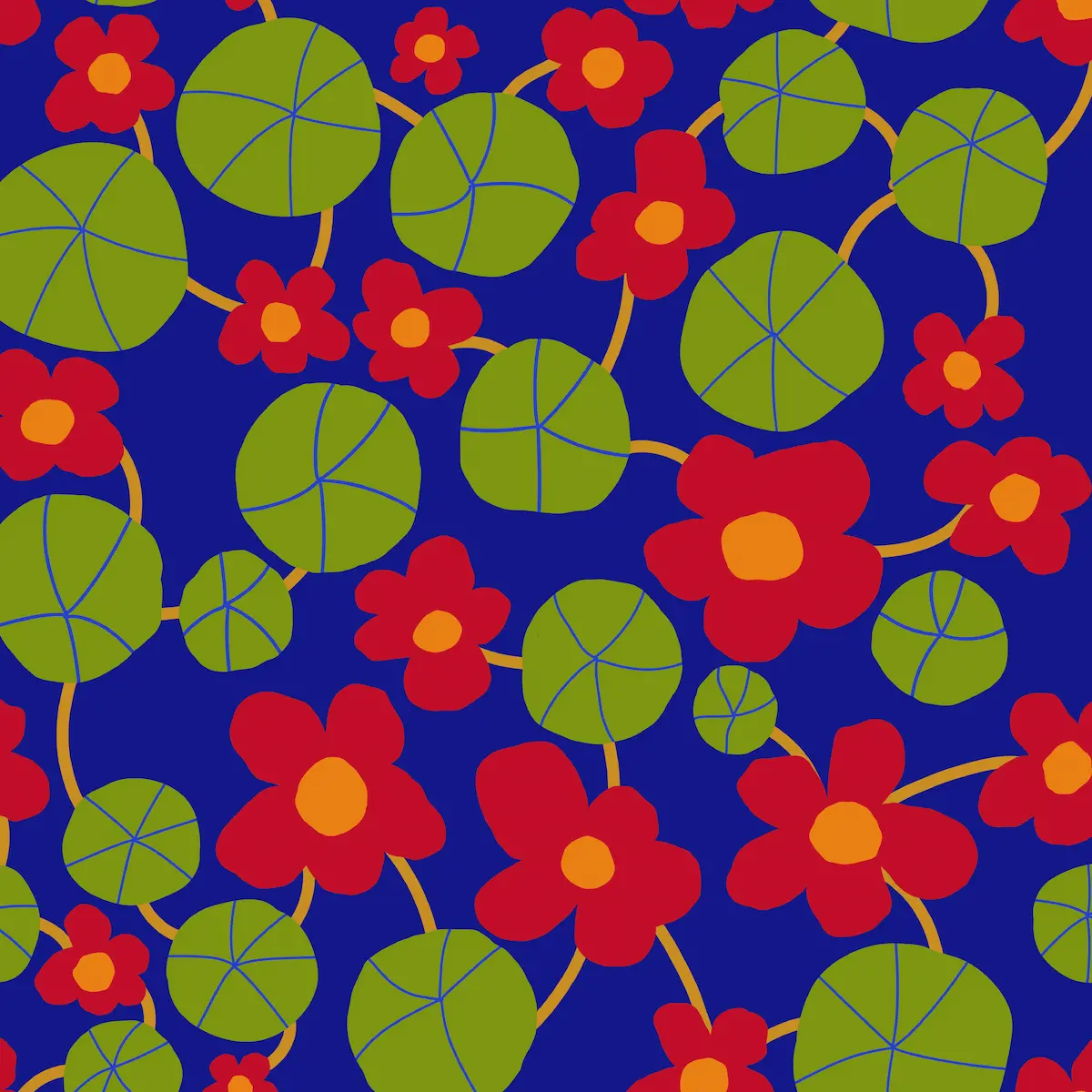 Bright orange and yellow nasturtium flower pattern designed for children's summer clothing and fabric