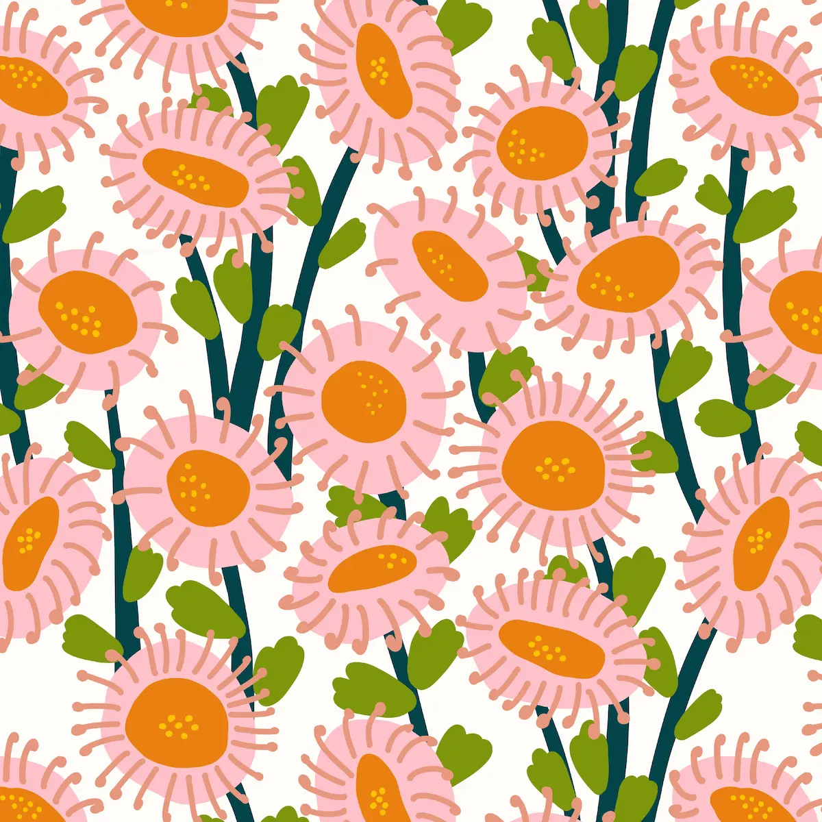 Seamless protea floral pattern with bold protea flowers and playful botanical shapes in bright colors