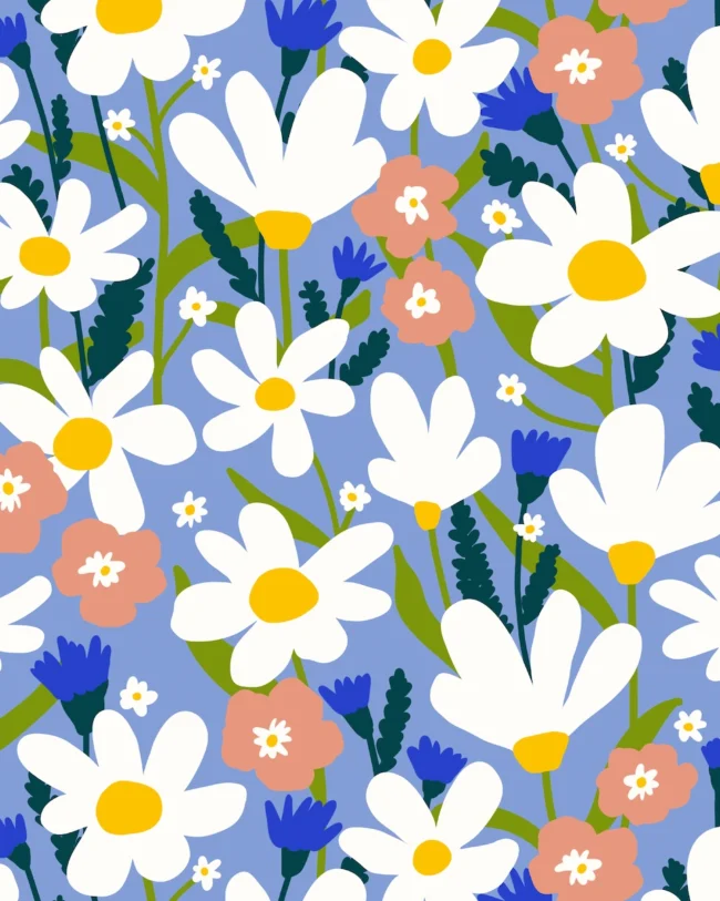 Cheerful scattered daisy pattern with pink and blue flowers for children's summer apparel hero piece
