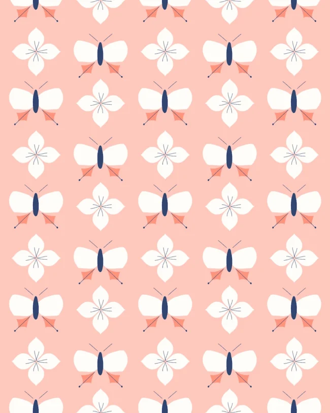 Scattered butterfly pattern in navy blue and pink for kids fabric nursery quilting from Flutter and Bloom collection