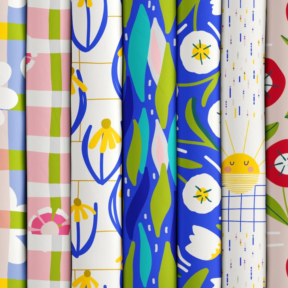 Stack of MAJOC fabrics featuring bold playful floral surface pattern designs for kids clothing and sewing