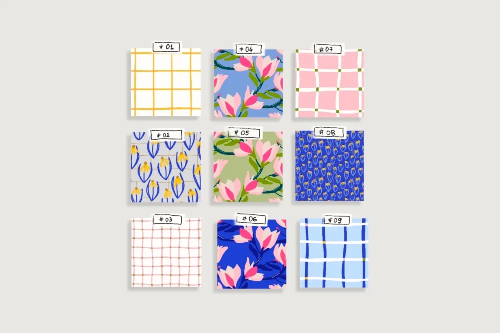 Stack of MAJOC fabrics featuring bold playful floral surface pattern designs for kids clothing and sewing