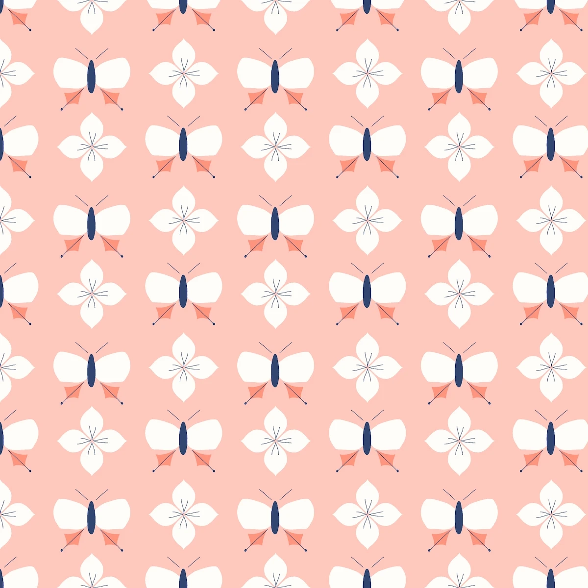 Geometric butterfly and flower pattern in light blue and pink for children's apparel from Flutter and Bloom collection