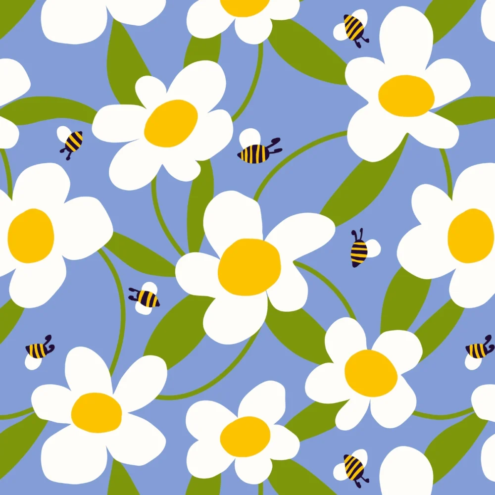 Cheerful daisy and bee pattern in bold summer colors for children's apparel coordinate piece