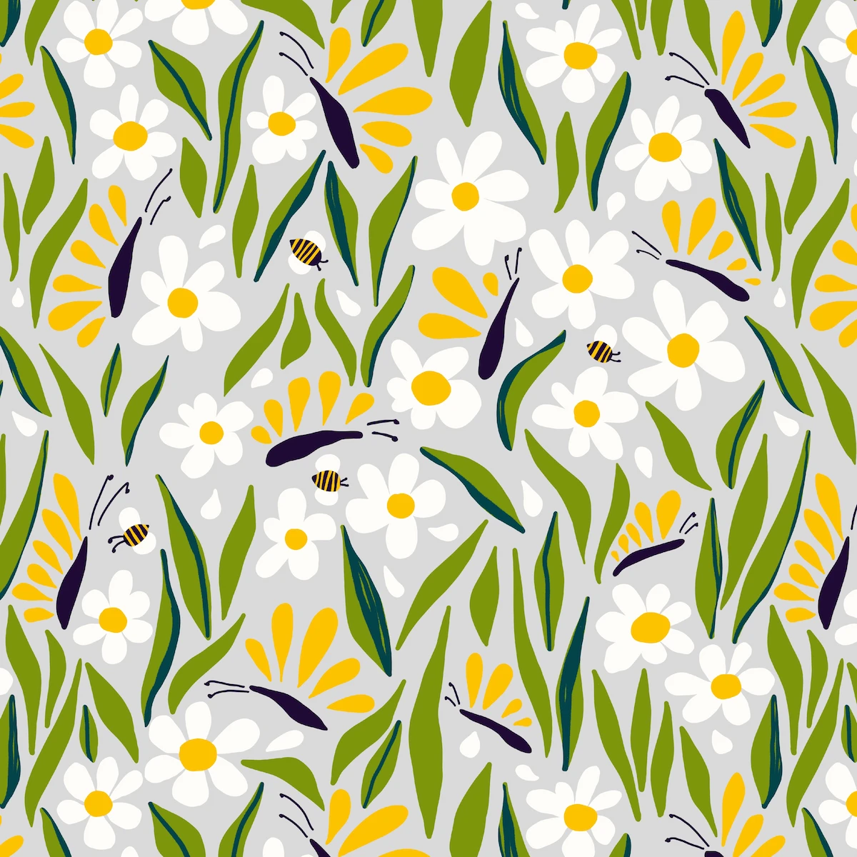 Playful scattered daisy pattern with butterflies and bees on gray background for children's summer clothing