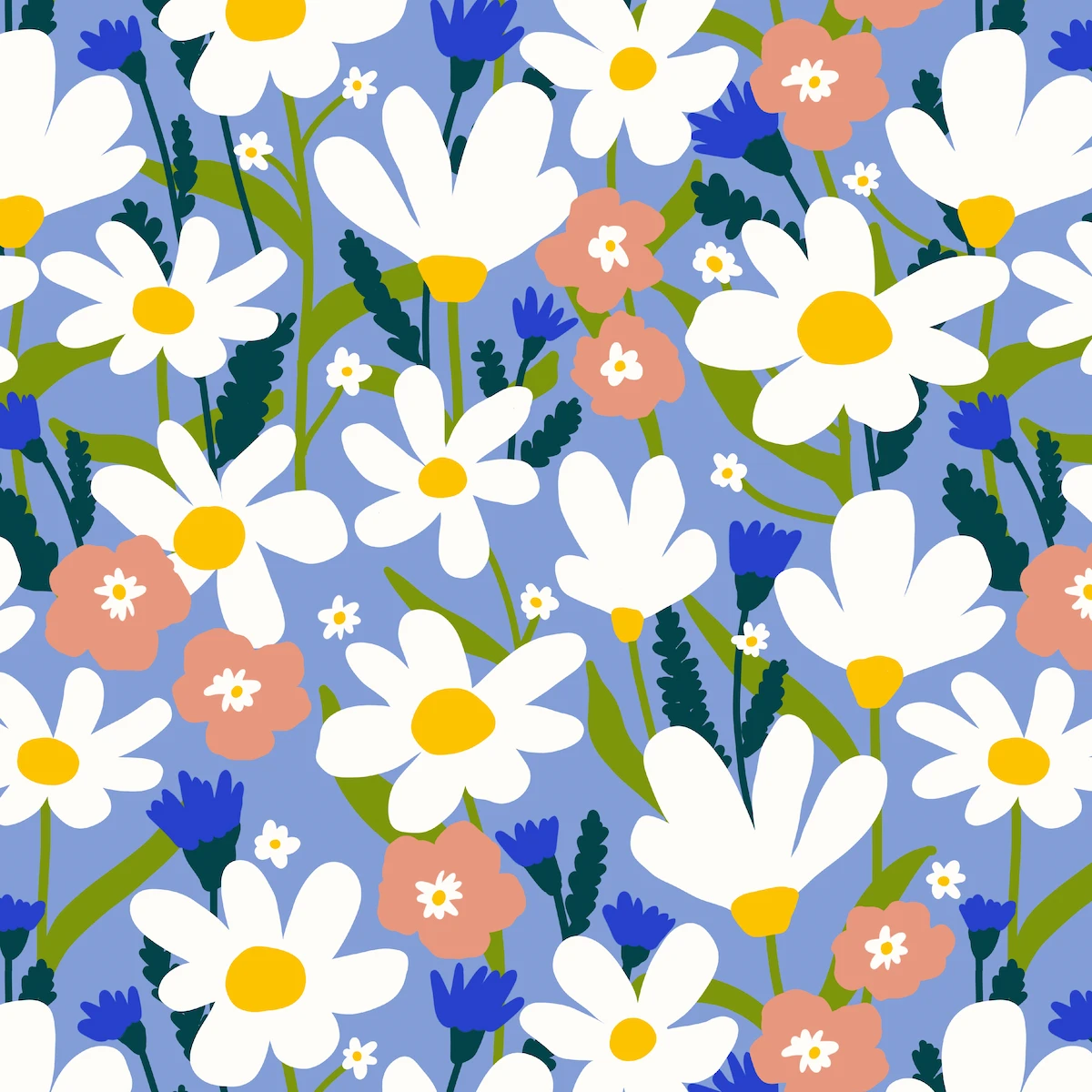 Cheerful scattered daisy pattern with pink and blue flowers for children's summer apparel hero piece