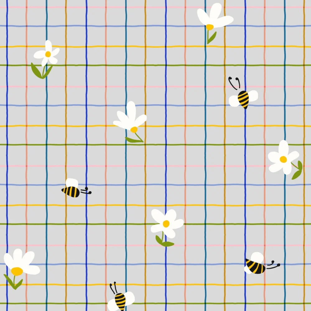 Modern gray striped pattern with colorful bees and daisies overlay for children's summer coordinate pieces