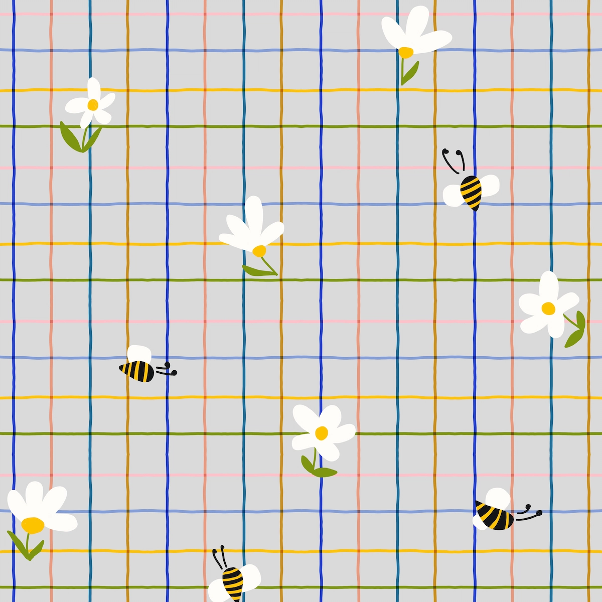 Modern gray striped pattern with colorful bees and daisies overlay for children's summer coordinate pieces