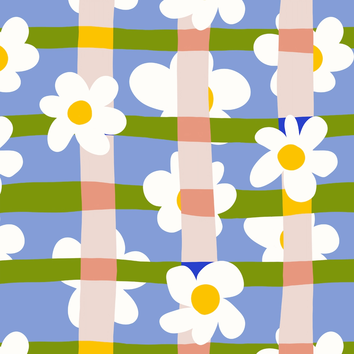 Bold striped pattern with overlayed daisies in summer colors for children's coordinating apparel