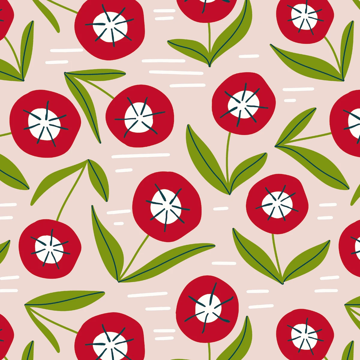 Scattered fully bloomed red tulip pattern for children's clothing from Twist and Tulip collection