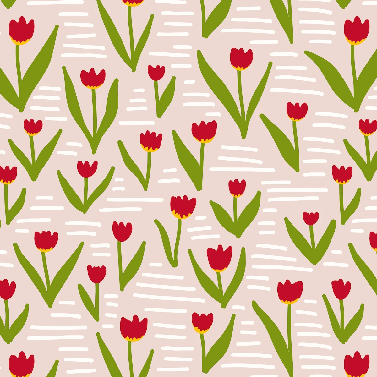 Playful scattered red tulip pattern with side view blooms on pink background for children's spring clothing