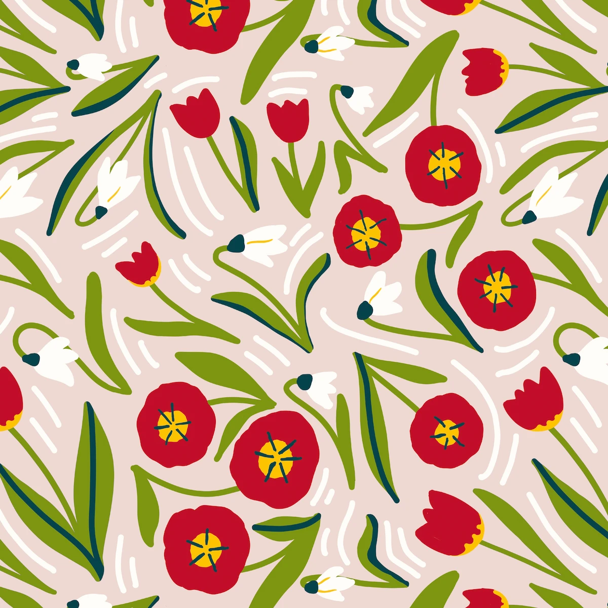 Cheerful scattered red tulip and white snowdrop pattern on light pink background for children's spring apparel