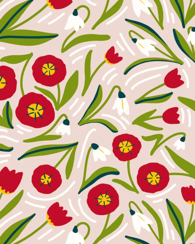 Cheerful scattered red tulip and white snowdrop pattern on light pink background for children's spring apparel