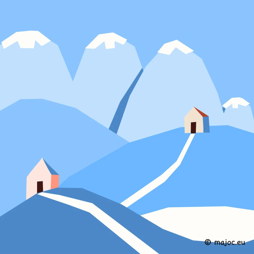 Winter illustration of cozy houses nestled in snowy mountain hills, designed for children’s art and decor