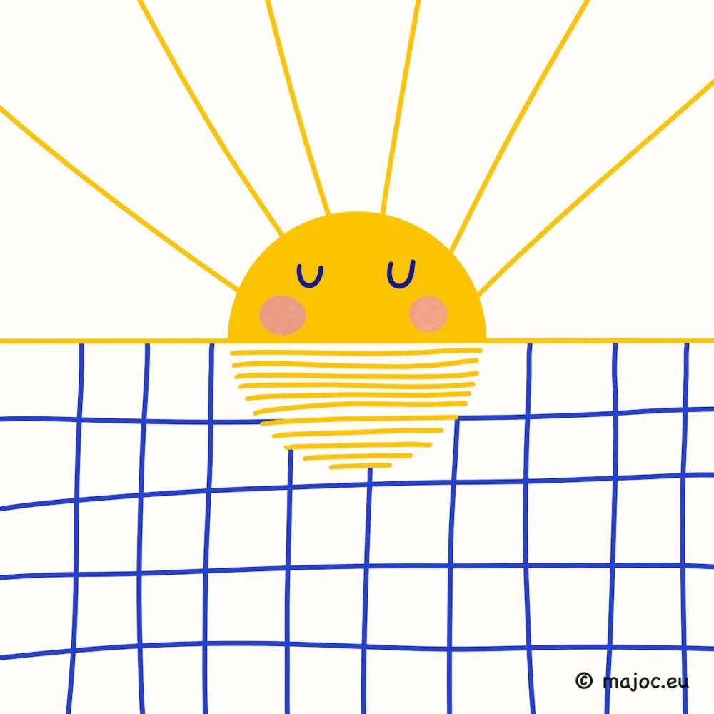 Modern geometric sun illustration with lines forming sun, clouds and sky for children's contemporary art