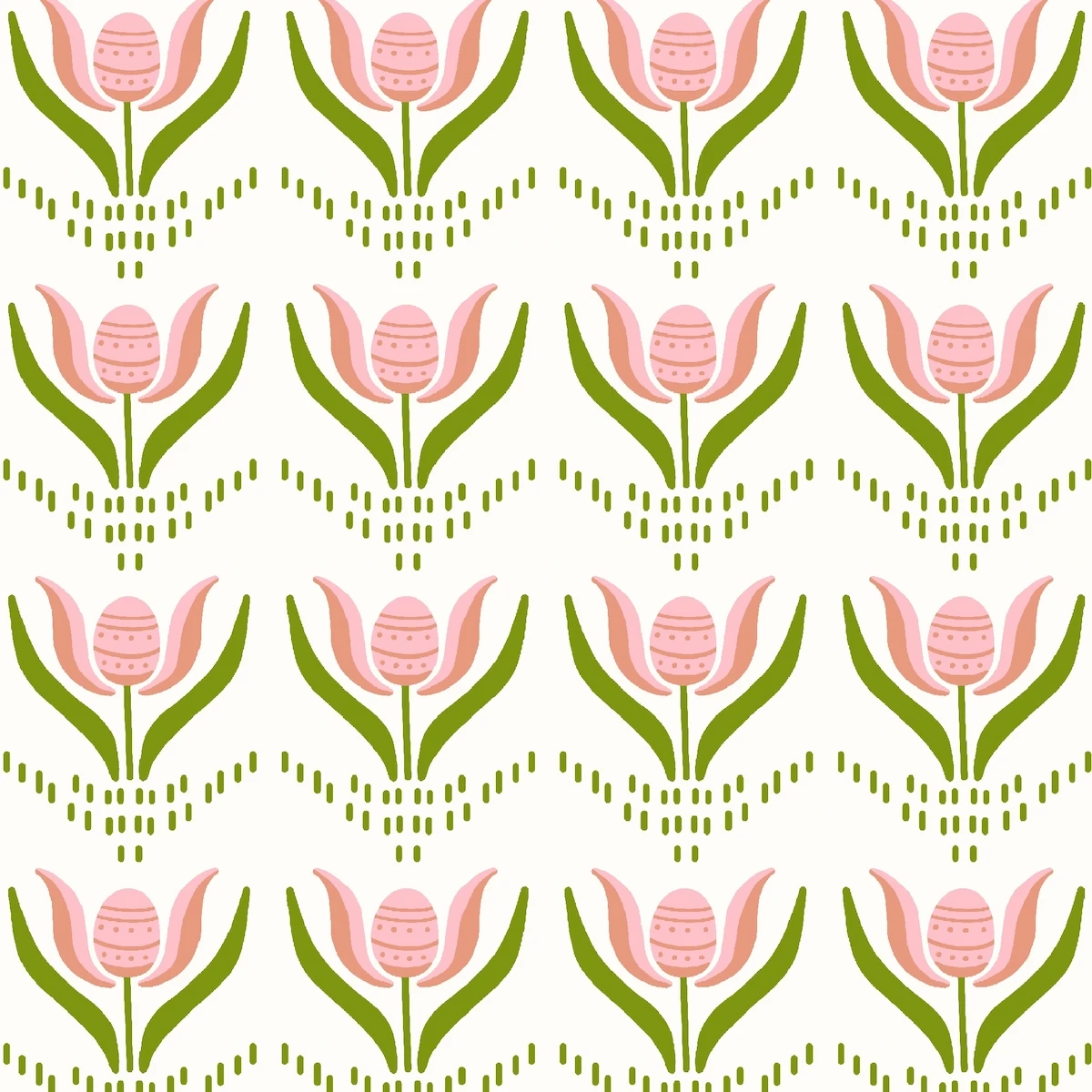 Symmetrical tulip pattern with hidden Easter eggs on white background for kids spring fabric and quilting